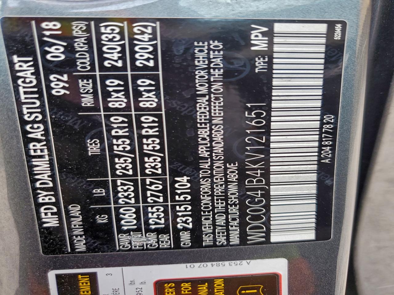 2019 Mercedes-Benz Glc 300 VIN: WDC0G4JB4KV121651 Lot: 94325035