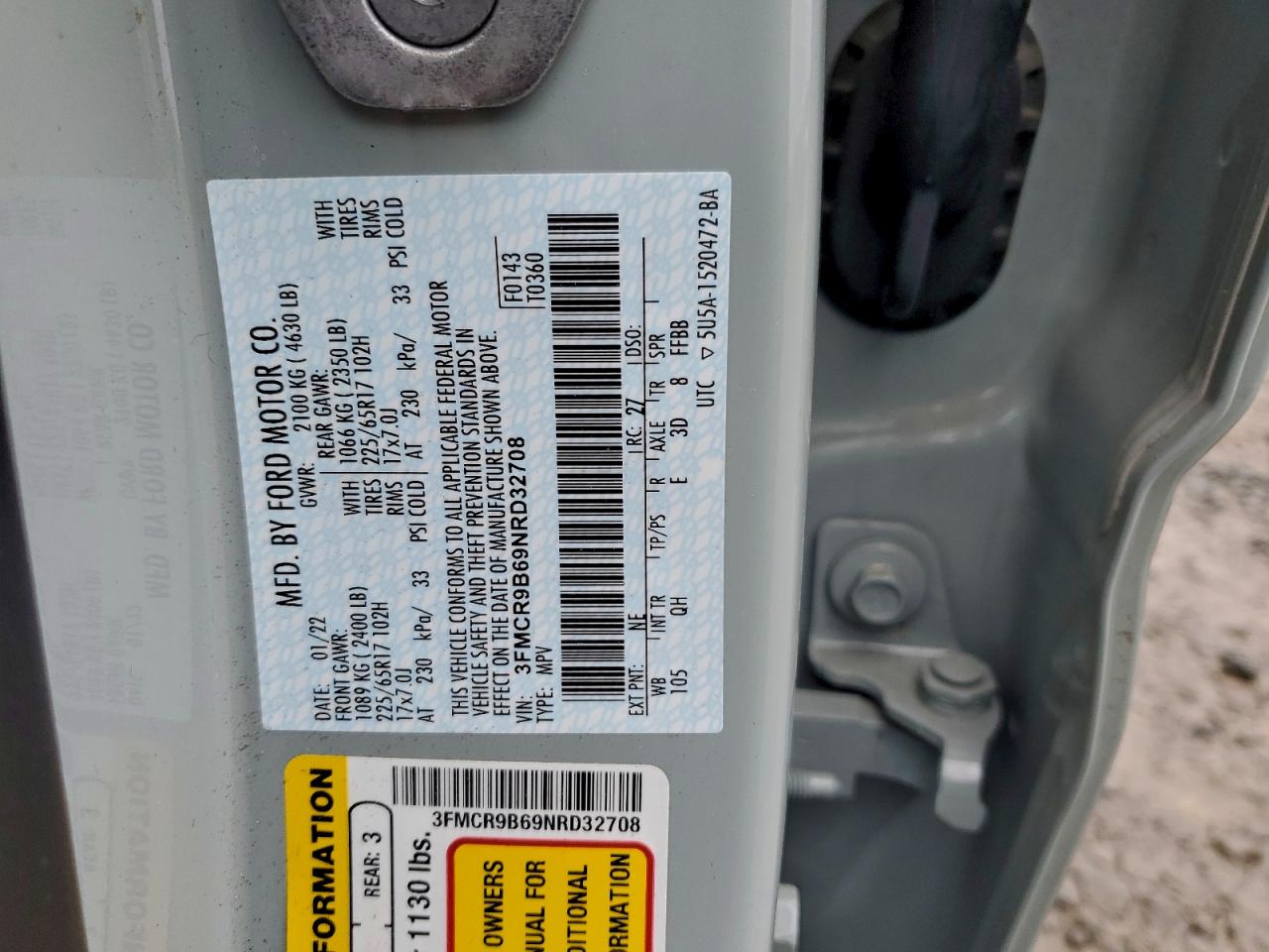 2022 Ford Bronco Sport Big Bend VIN: 3FMCR9B69NRD32708 Lot: 94397055