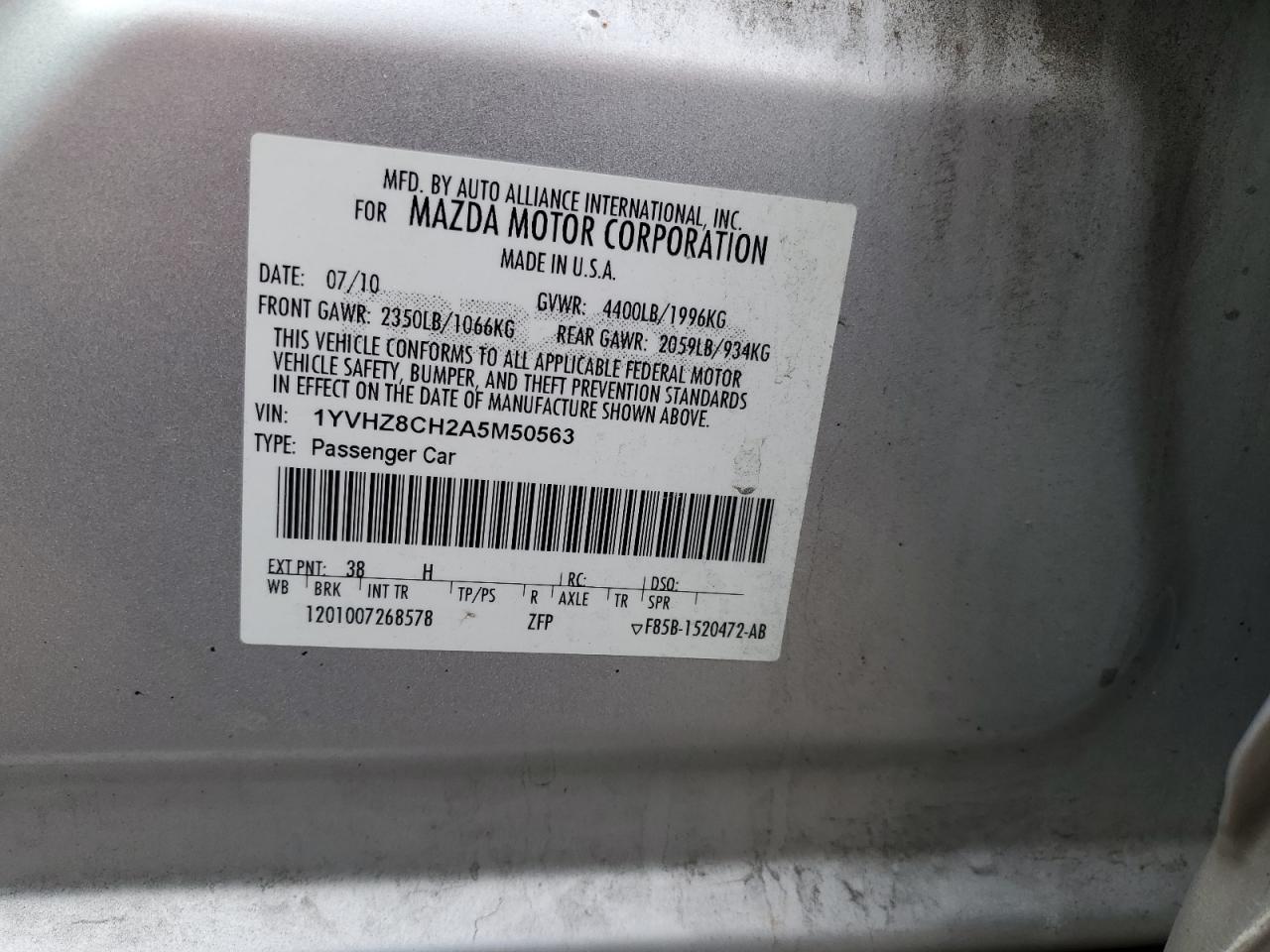 2010 Mazda 6 I VIN: 1YVHZ8CH2A5M50563 Lot: 92835675