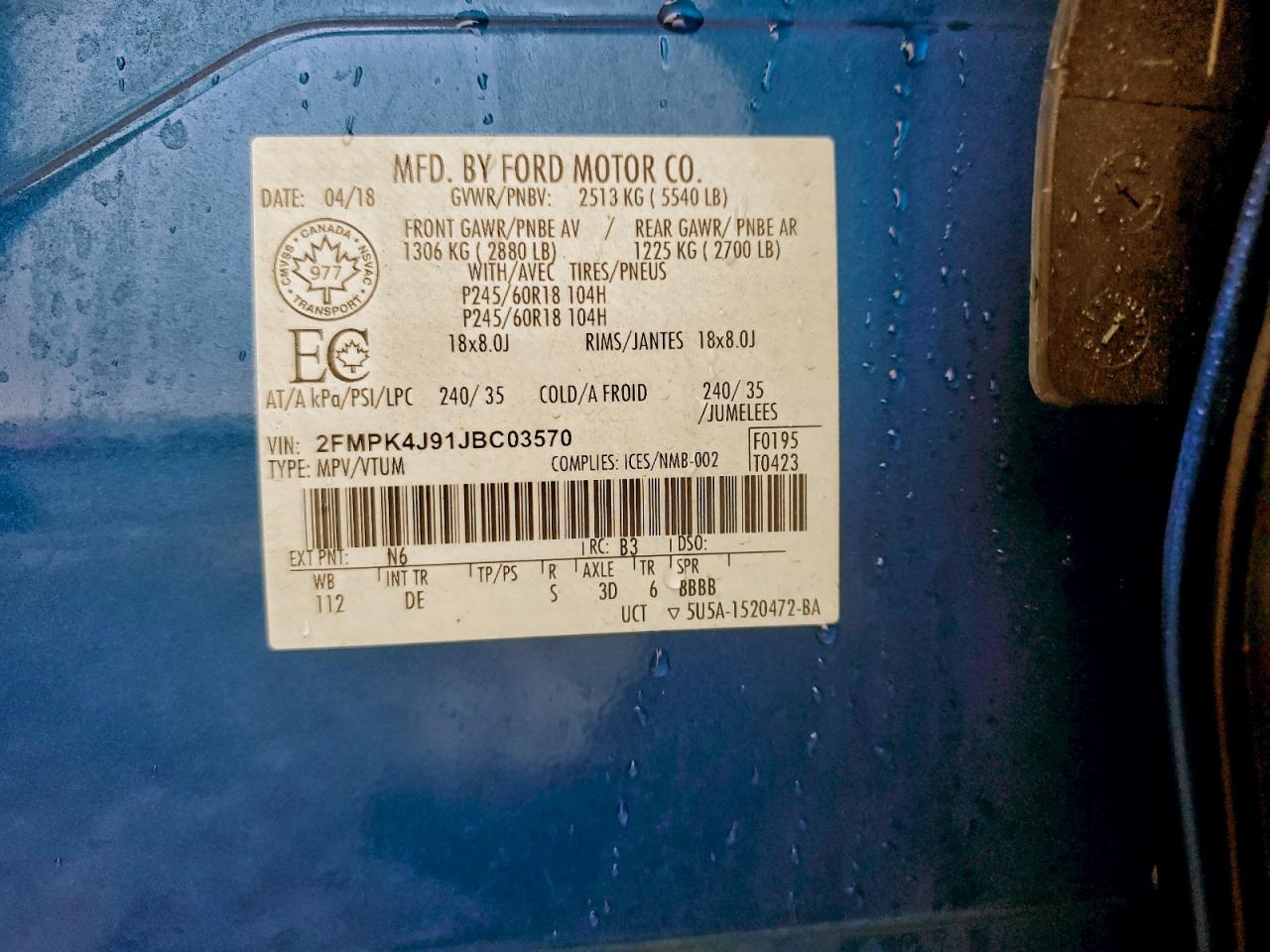 2018 Ford Edge Sel VIN: 2FMPK4J91JBC03570 Lot: 93406925