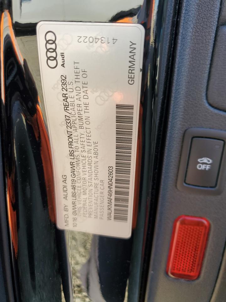 2017 Audi A4 Ultra Premium VIN: WAUKMAF46HN042603 Lot: 91280195