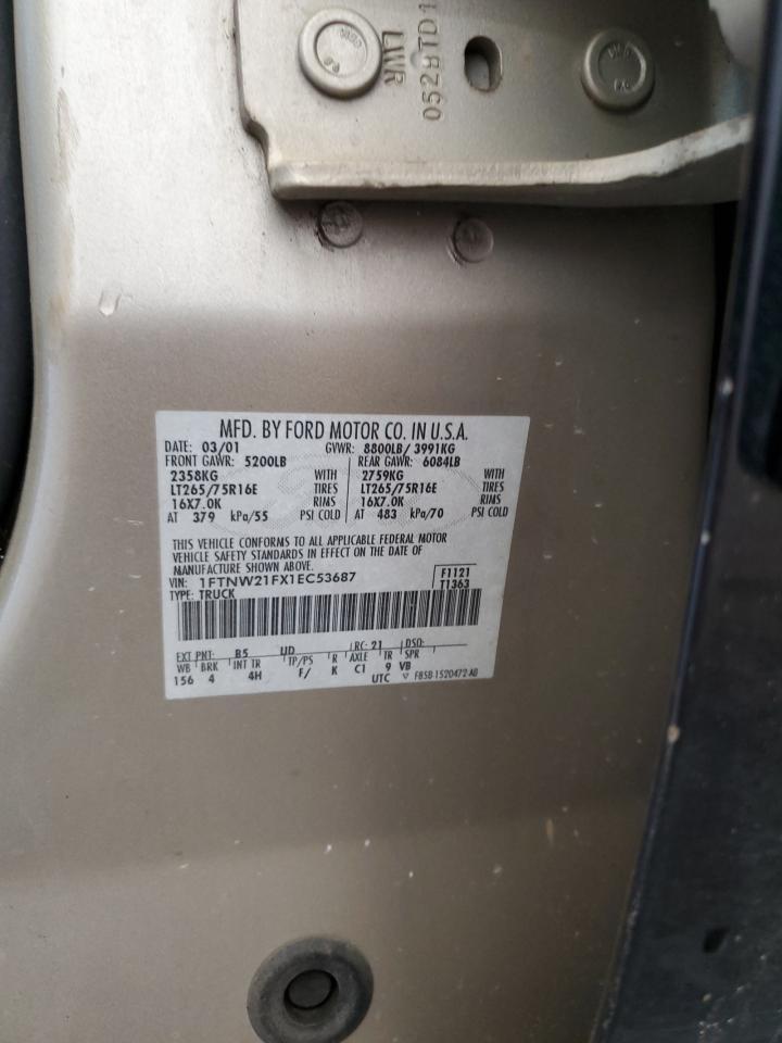 2001 Ford F250 Super Duty VIN: 1FTNW21FX1EC53687 Lot: 92567955