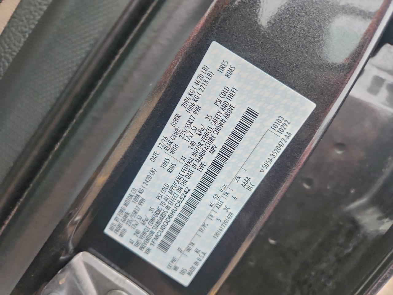 2017 Ford Escape Se VIN: 1FMCU0GD6HUC65242 Lot: 93820645