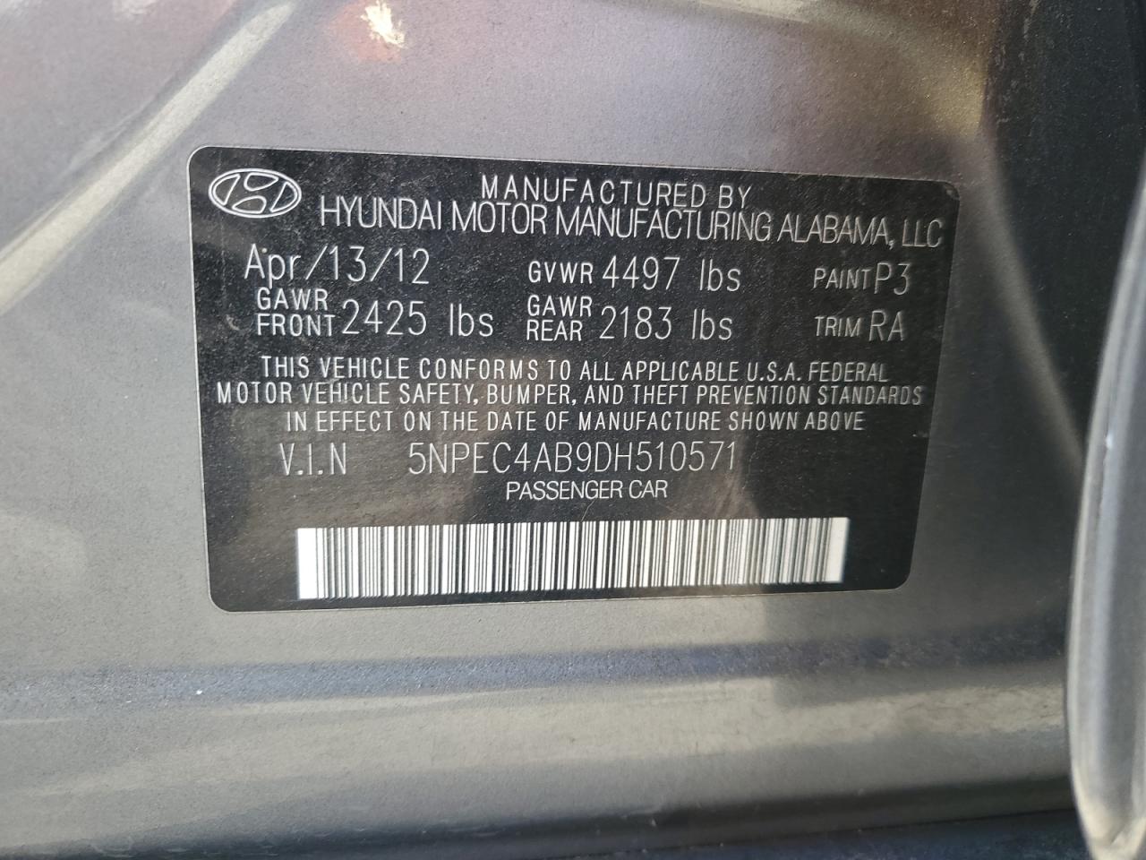 2013 Hyundai Sonata Se VIN: 5NPEC4AB9DH510571 Lot: 92009195