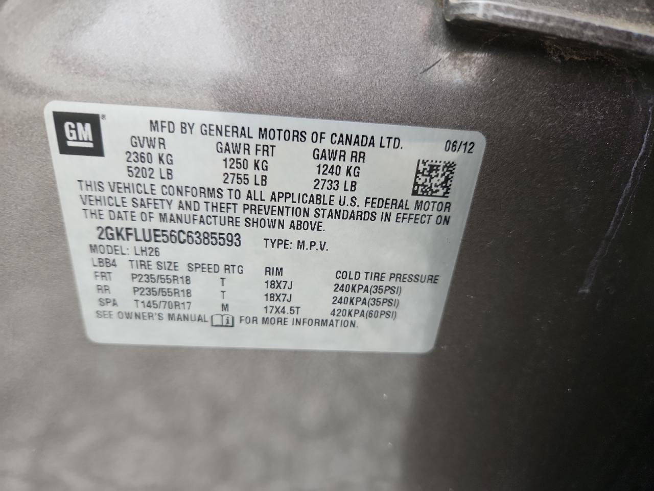 2012 GMC Terrain Slt VIN: 2GKFLUE56C6385593 Lot: 93710995