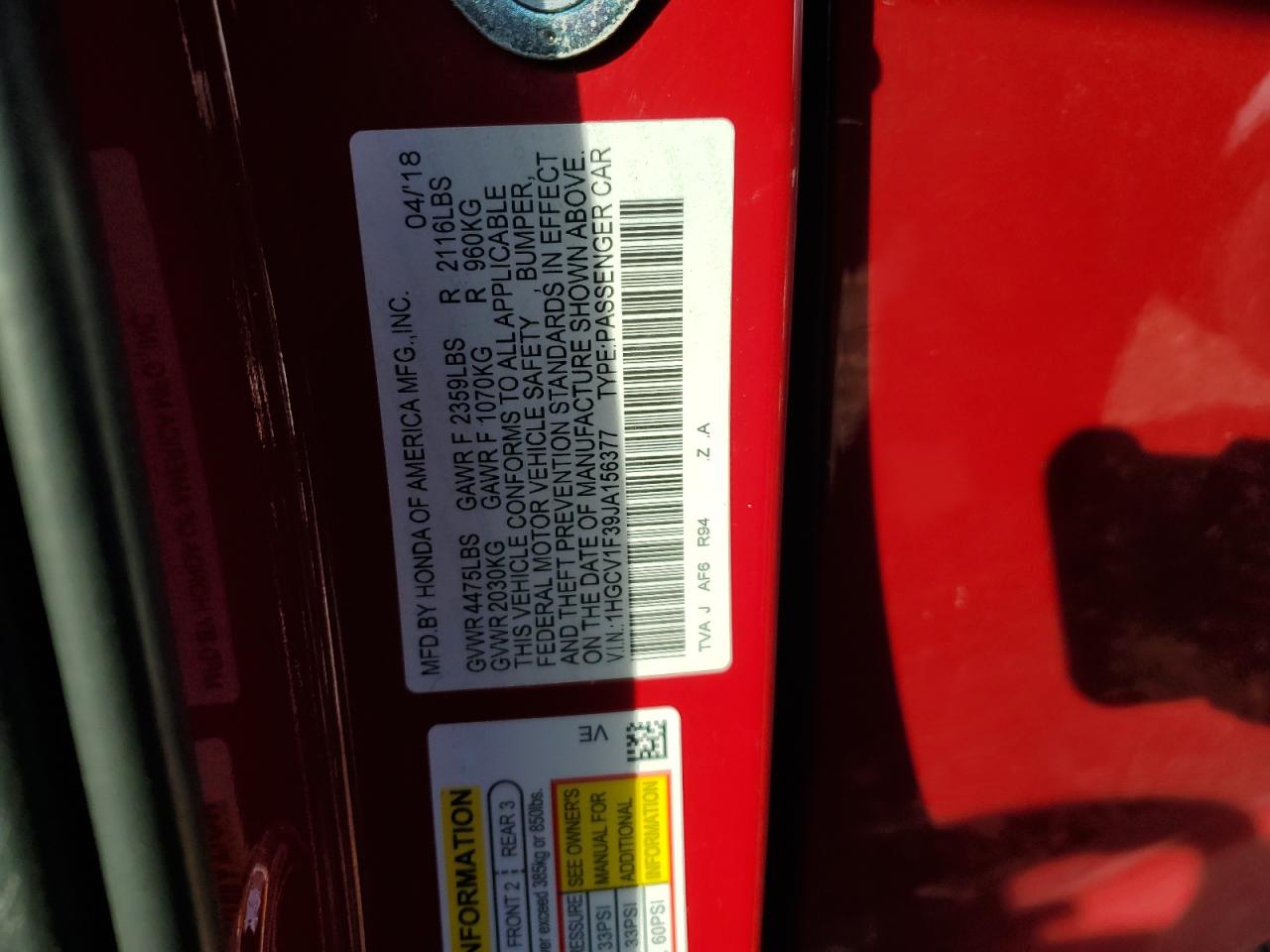 2018 Honda Accord Sport VIN: 1HGCV1F39JA156377 Lot: 90424475