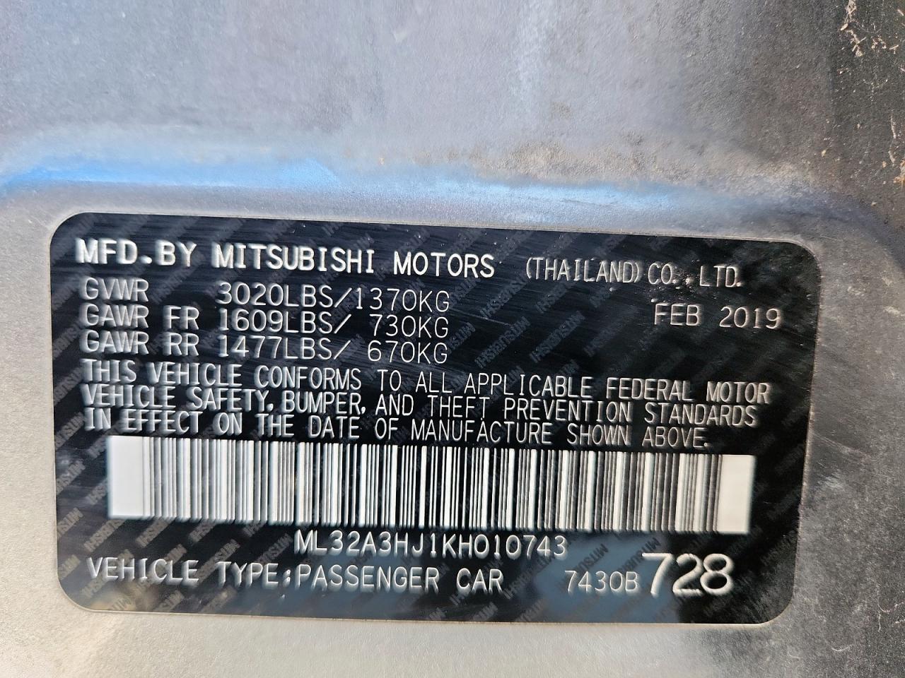 2019 Mitsubishi Mirage Es VIN: ML32A3HJ1KH010743 Lot: 91885795