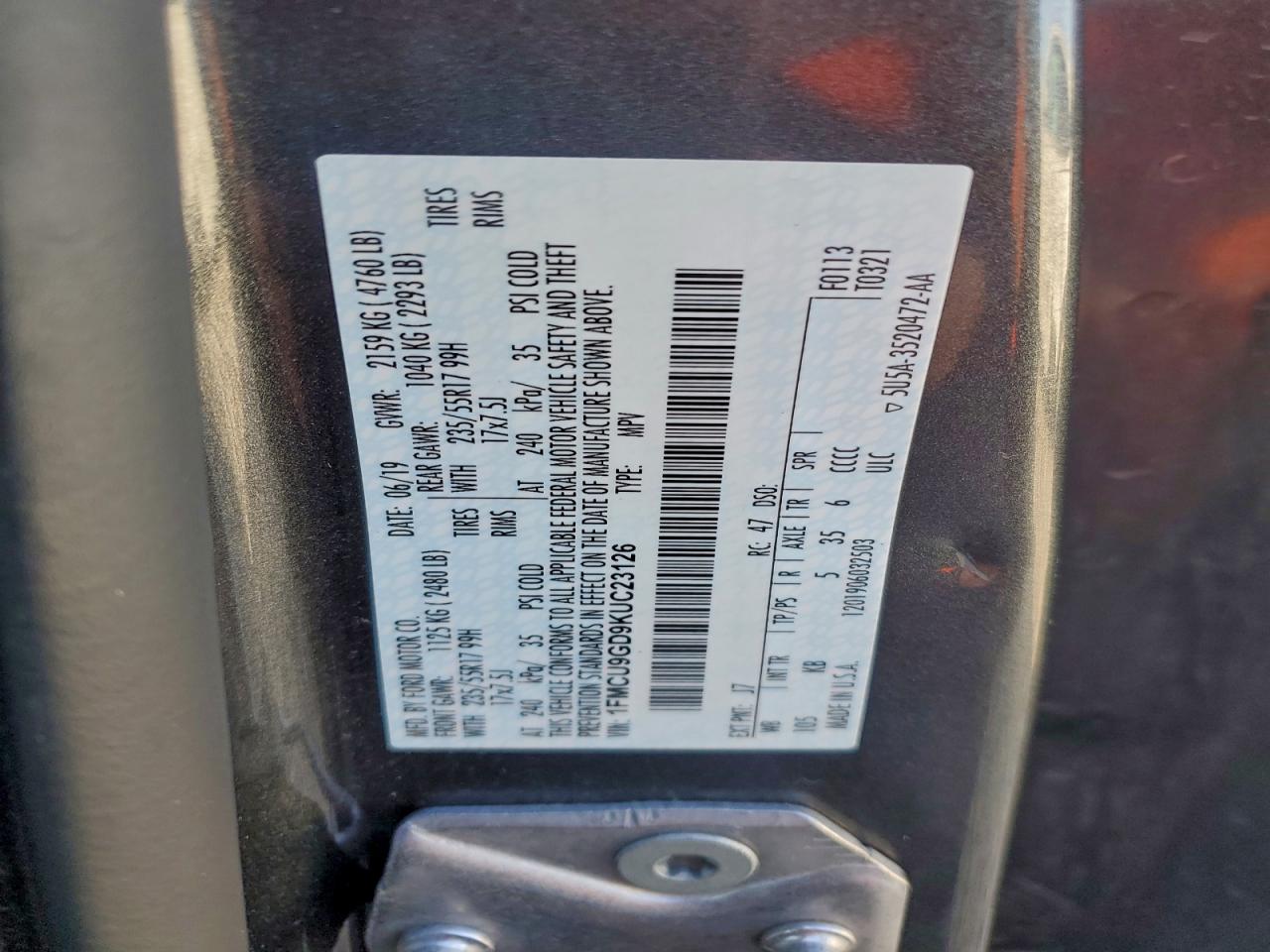 2019 Ford Escape Se VIN: 1FMCU9GD9KUC23126 Lot: 93424445