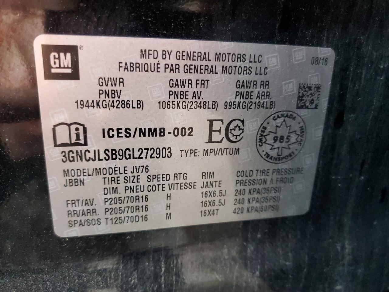 2016 Chevrolet Trax 1Lt VIN: 3GNCJLSB9GL272903 Lot: 90580525