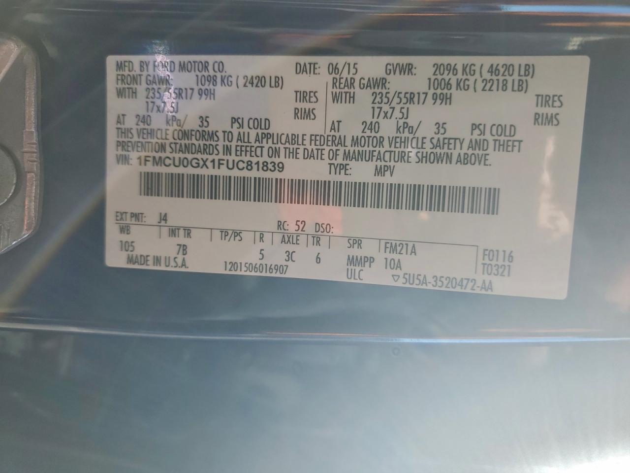 2015 Ford Escape Se VIN: 1FMCU0GX1FUC81839 Lot: 93919845