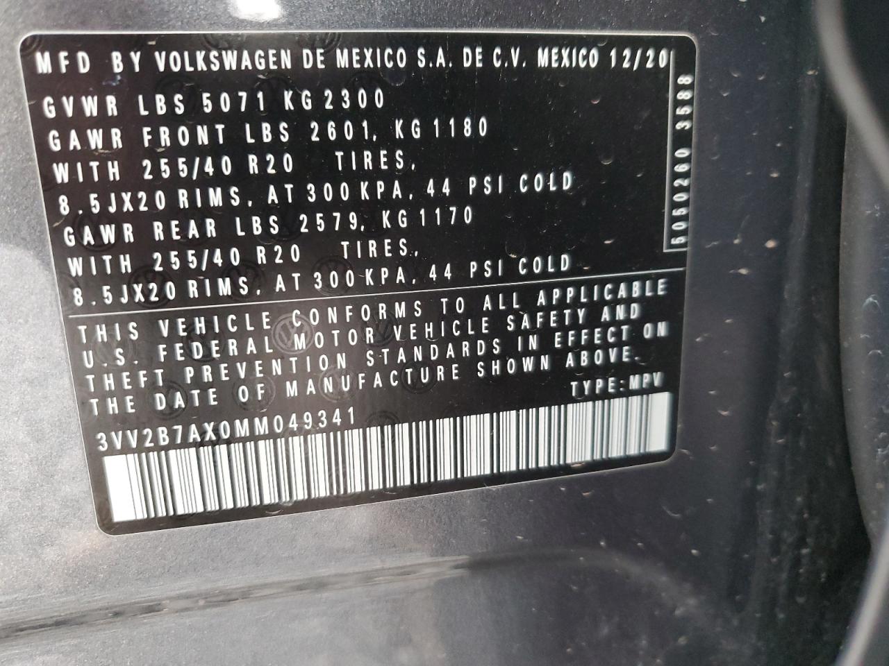 2021 Volkswagen Tiguan Se VIN: 3VV2B7AX0MM049341 Lot: 93819025