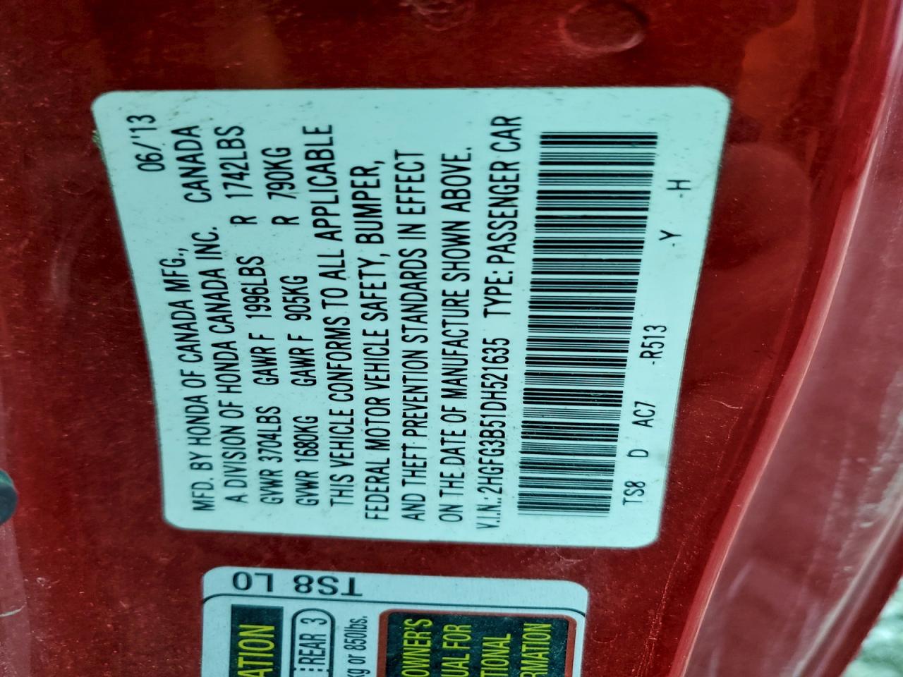 2013 Honda Civic Lx VIN: 2HGFG3B51DH521635 Lot: 94081555