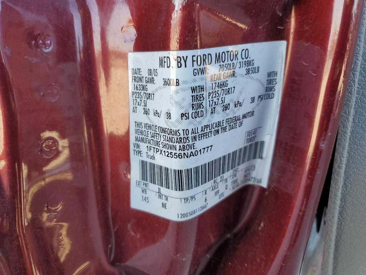 2006 Ford F150 VIN: 1FTPX12556NA01777 Lot: 92602105