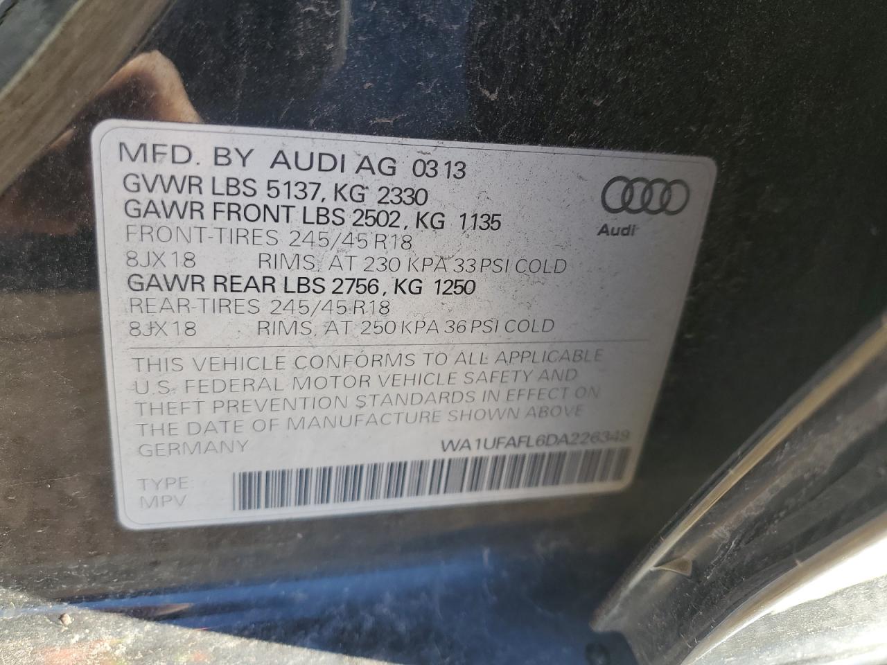 2013 Audi A4 Allroad Premium Plus VIN: WA1UFAFL6DA226349 Lot: 91388515