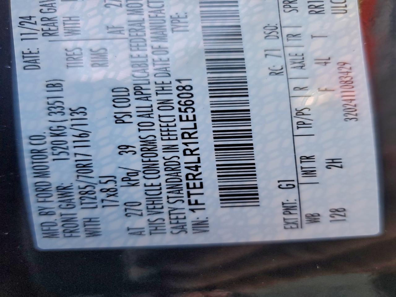 2024 Ford Ranger Raptor VIN: 1FTER4LR1RLE56081 Lot: 94999095