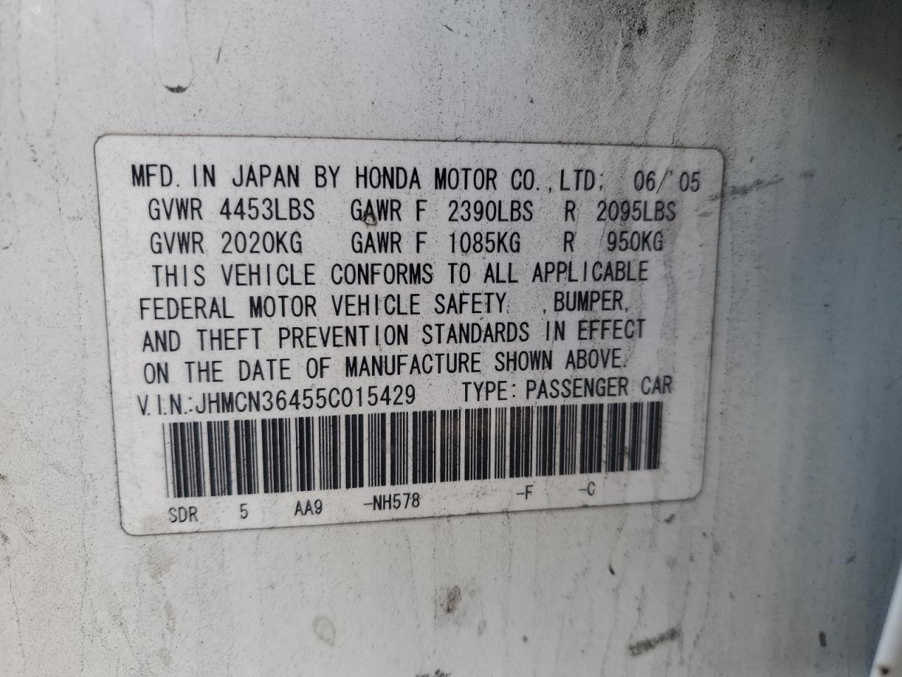 2005 Honda Accord Hybrid VIN: JHMCN36455C015429 Lot: 93653385