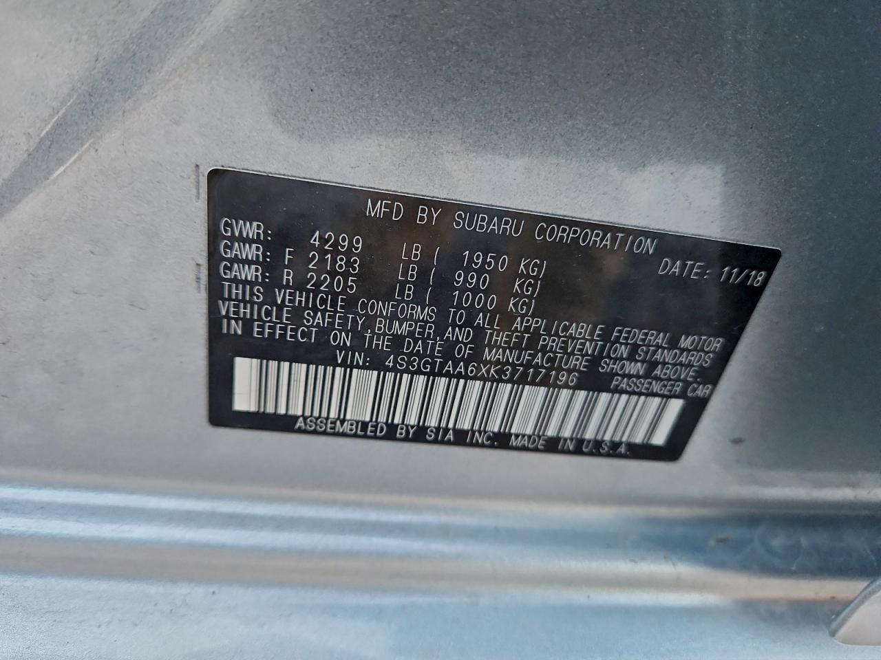 2019 Subaru Impreza VIN: 4S3GTAA6XK3717196 Lot: 94763345