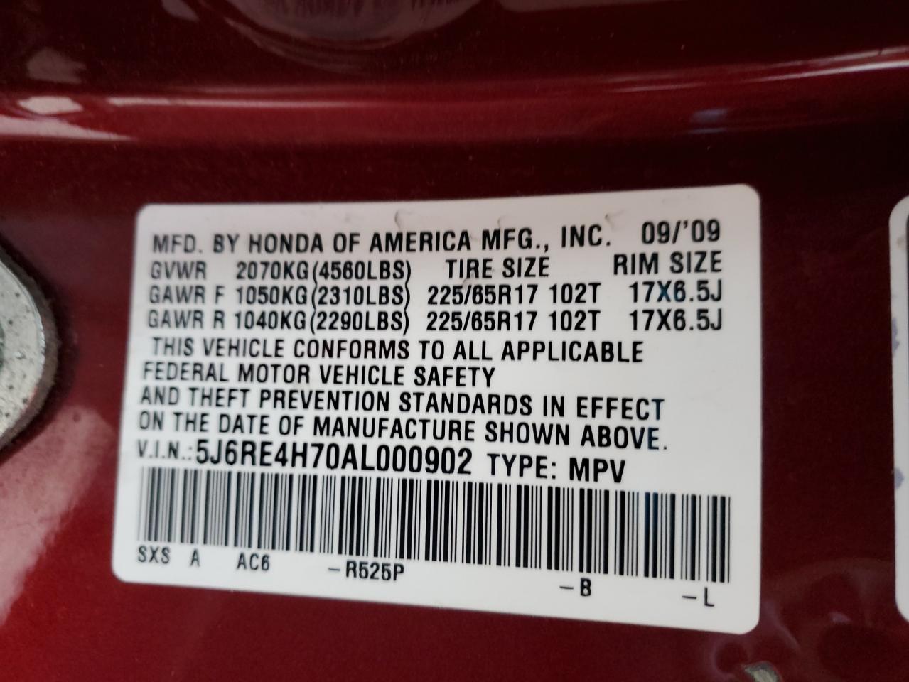 2010 Honda Cr-V Exl VIN: 5J6RE4H70AL000902 Lot: 93425035