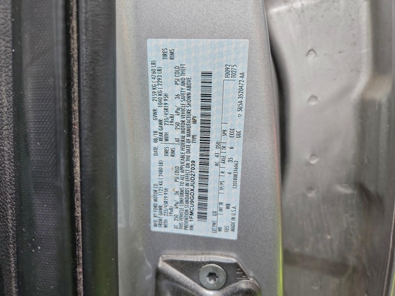 2018 Ford Escape Se VIN: 1FMCU9GDXJUD27039 Lot: 93753275