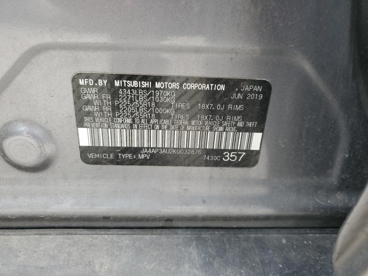 2019 Mitsubishi Outlander Sport Es VIN: JA4AP3AU2KU032876 Lot: 93327495