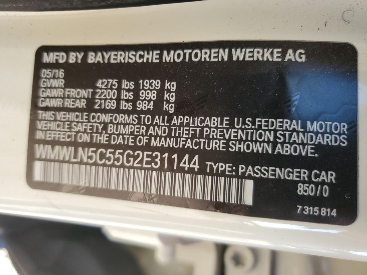 2016 Mini Cooper Clubman VIN: WMWLN5C55G2E31144 Lot: 91775055