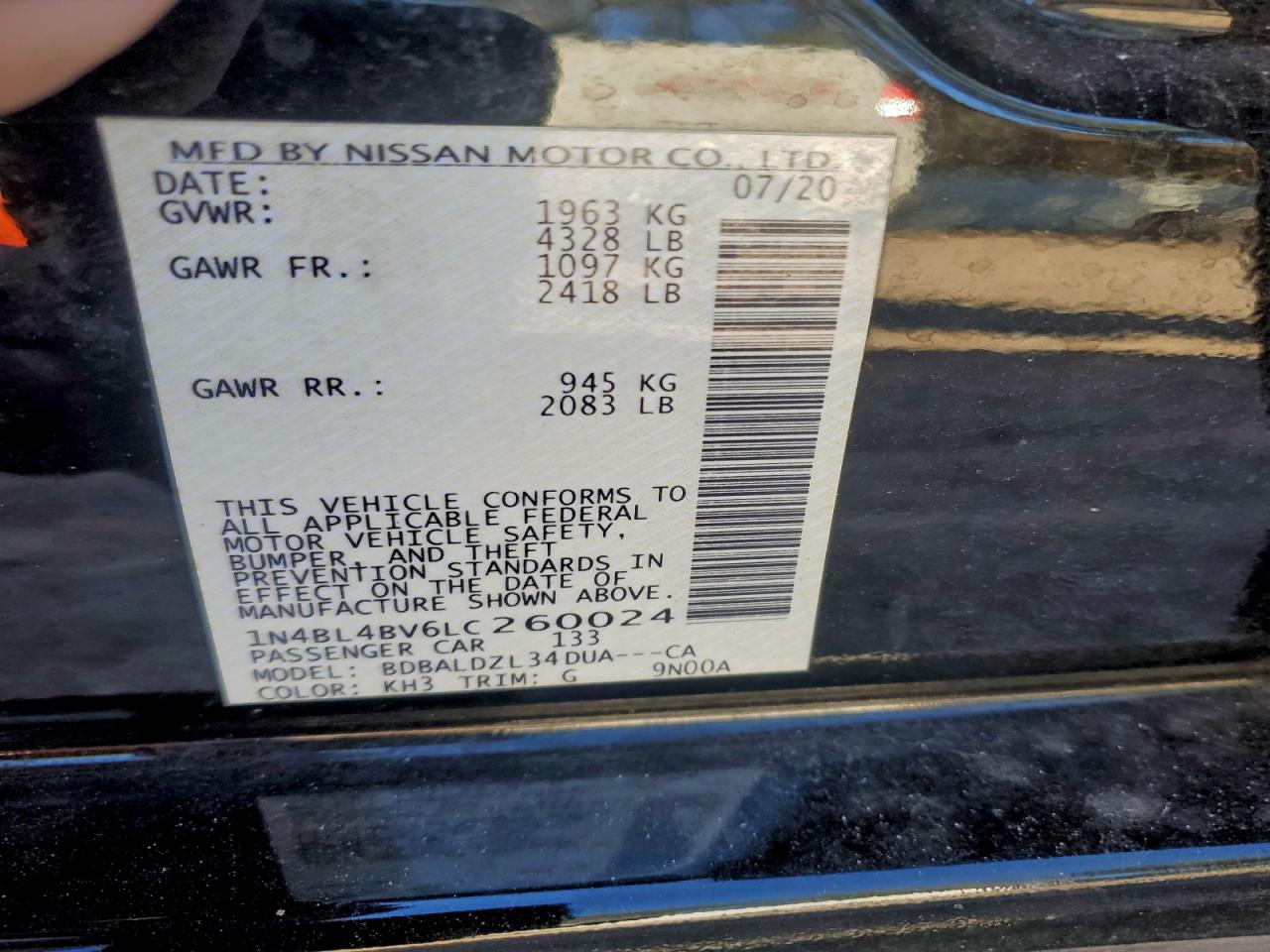 2020 Nissan Altima S VIN: 1N4BL4BV6LC260024 Lot: 92811255