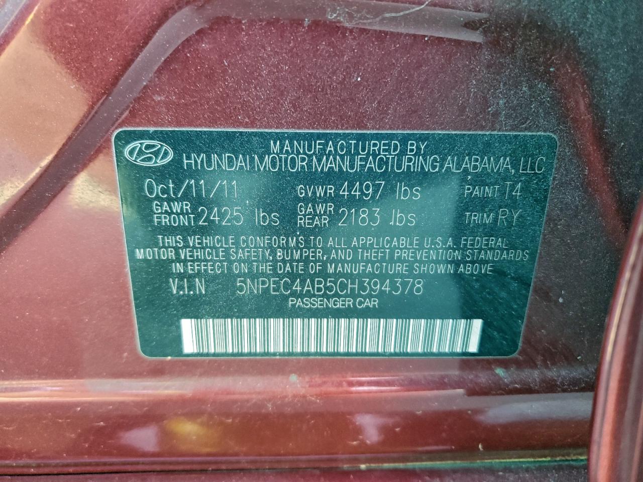 2012 Hyundai Sonata Se VIN: 5NPEC4AB5CH394378 Lot: 94152835