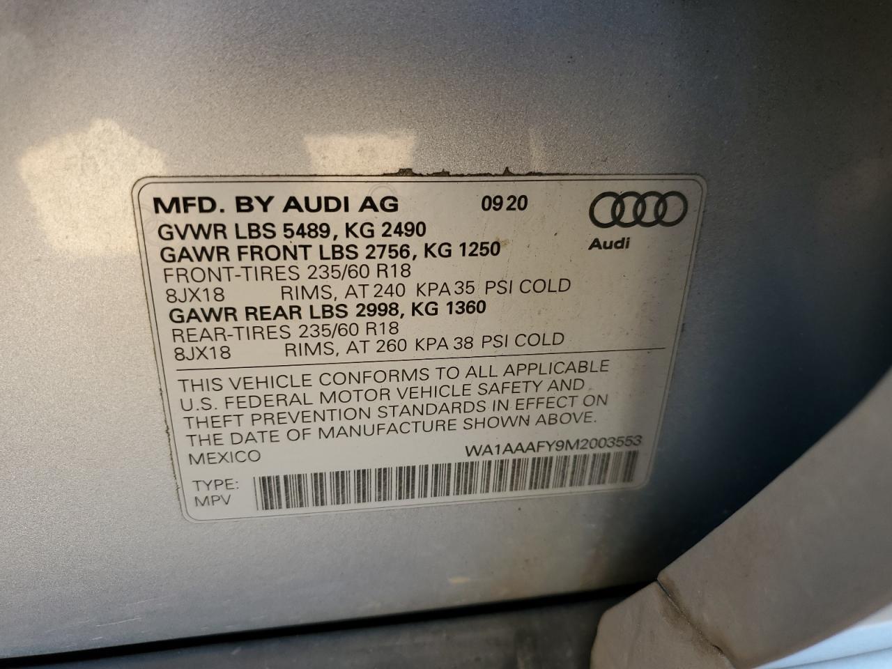 2021 Audi Q5 Premium VIN: WA1AAAFY9M2003553 Lot: 93739195