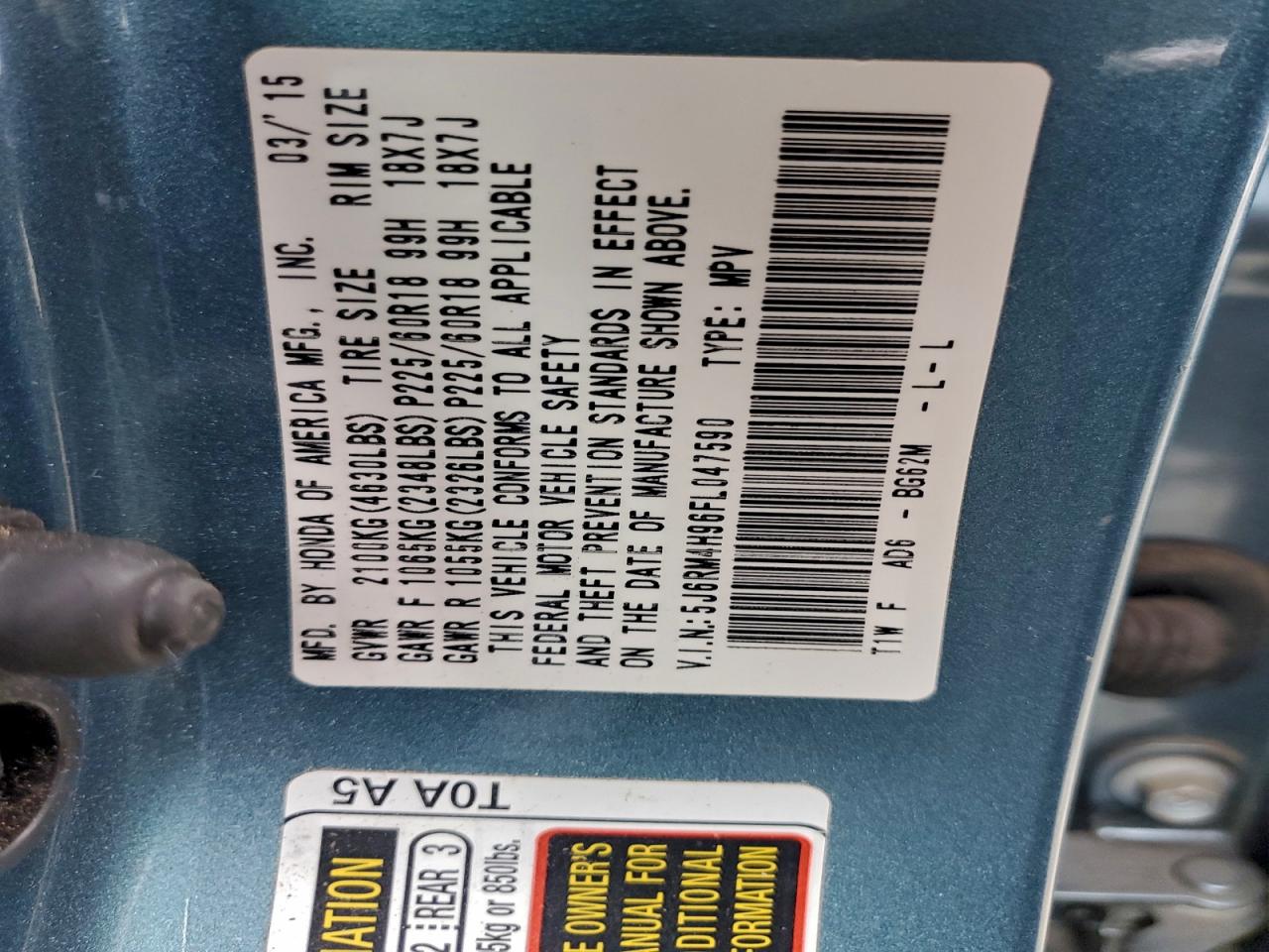 2015 Honda Cr-V Touring VIN: 5J6RM4H96FL047590 Lot: 94479415