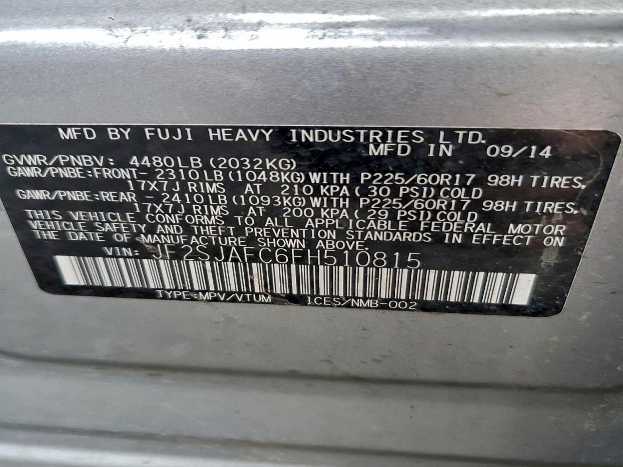 2015 Subaru Forester 2.5I Premium VIN: JF2SJAFC6FH510815 Lot: 93690175