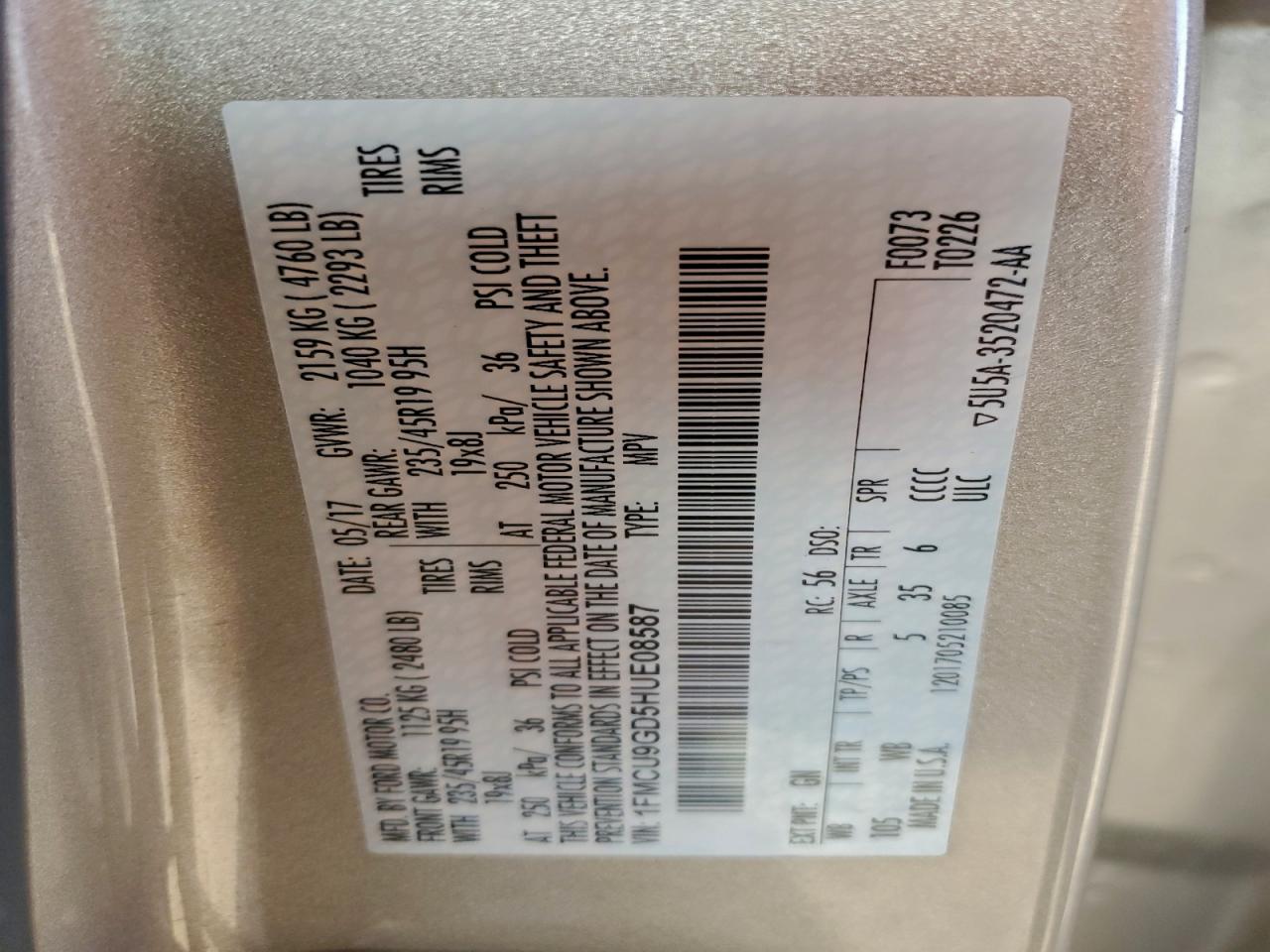 2017 Ford Escape Se VIN: 1FMCU9GD5HUE08587 Lot: 94244515