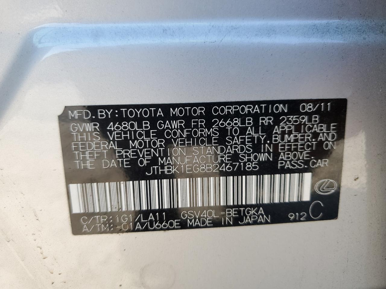 2011 Lexus Es 350 VIN: JTHBK1EG8B2467185 Lot: 91452545