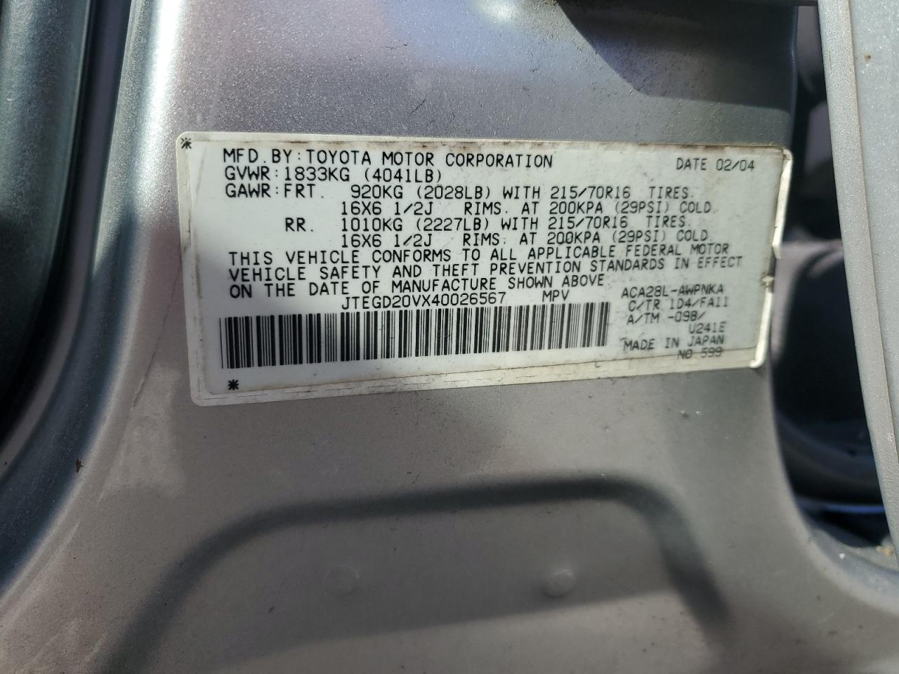 2004 Toyota Rav4 VIN: JTEGD20VX40026567 Lot: 92653735