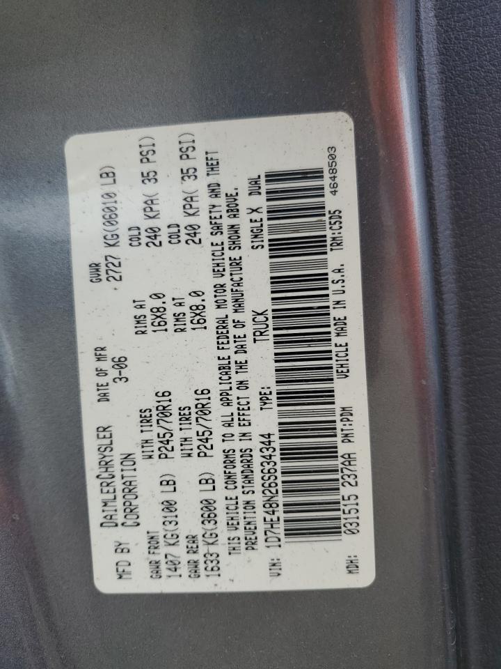 2006 Dodge Dakota Quad Slt VIN: 1D7HE48N26S634344 Lot: 93368705