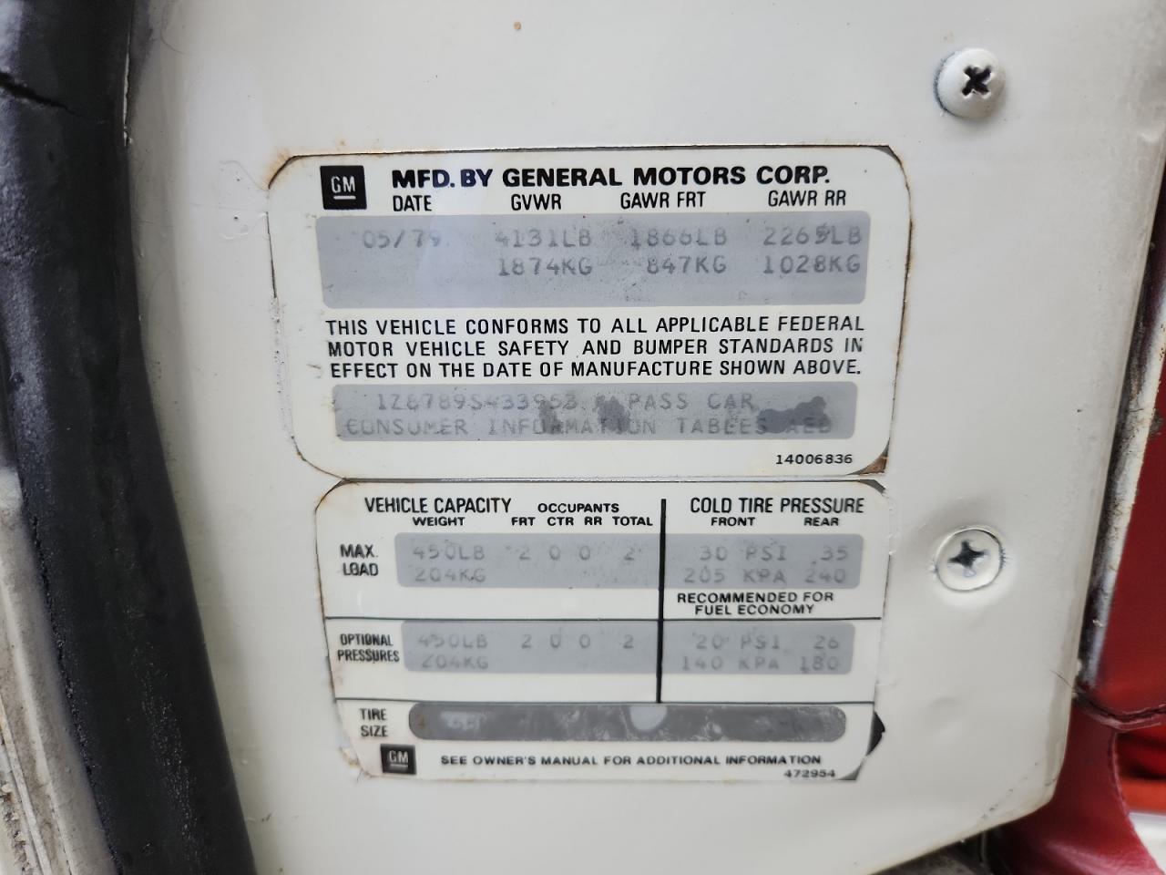 1979 Chevrolet Corvette VIN: 1Z8789S433953 Lot: 91387575