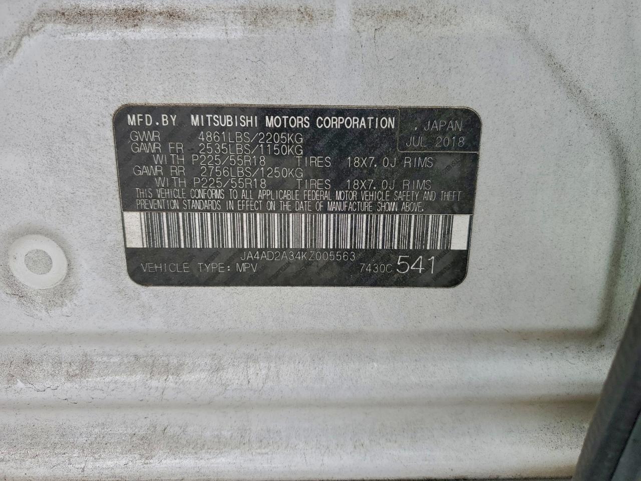 2019 Mitsubishi Outlander Es VIN: JA4AD2A34KZ005563 Lot: 94130665