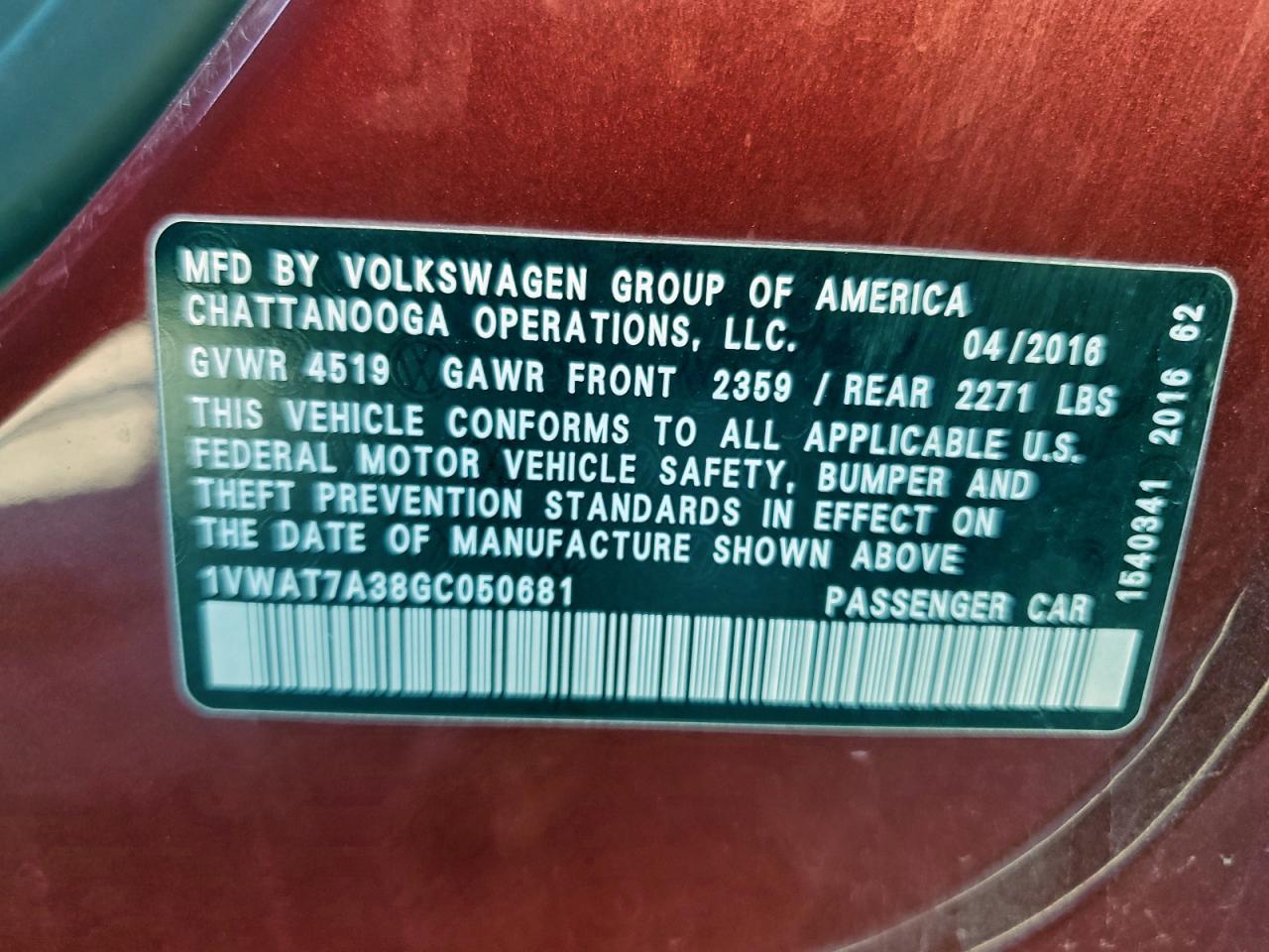 2016 Volkswagen Passat S VIN: 1VWAT7A38GC050681 Lot: 94252495