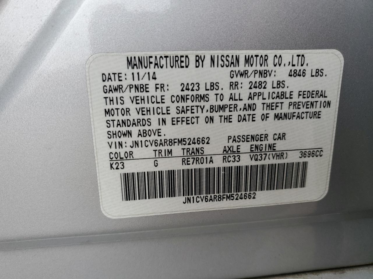 2015 Infiniti Q40 VIN: JN1CV6AR8FM524662 Lot: 91315675