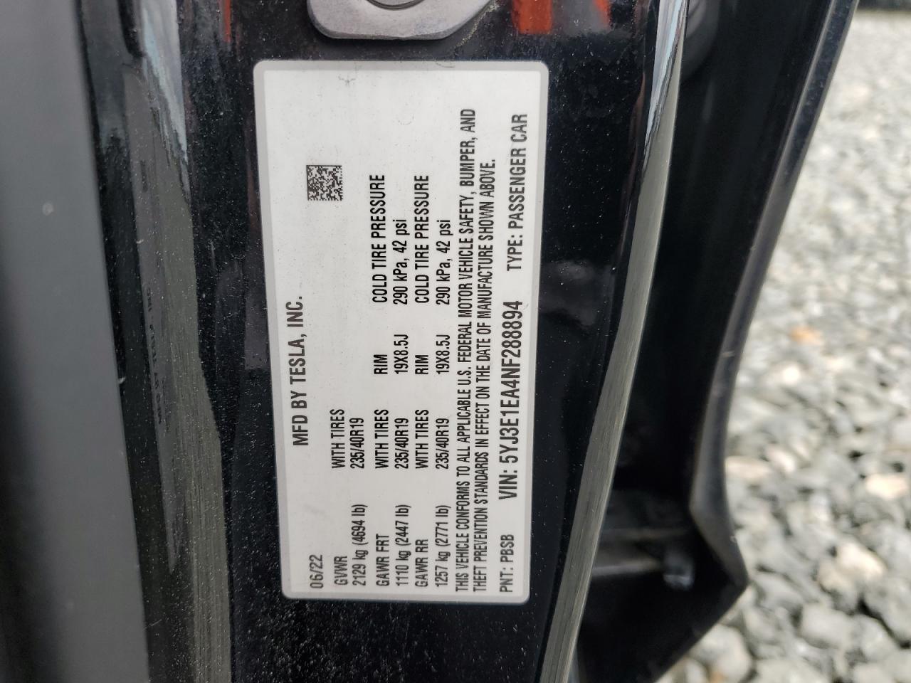 2022 Tesla Model 3 VIN: 5YJ3E1EA4NF288894 Lot: 93636275