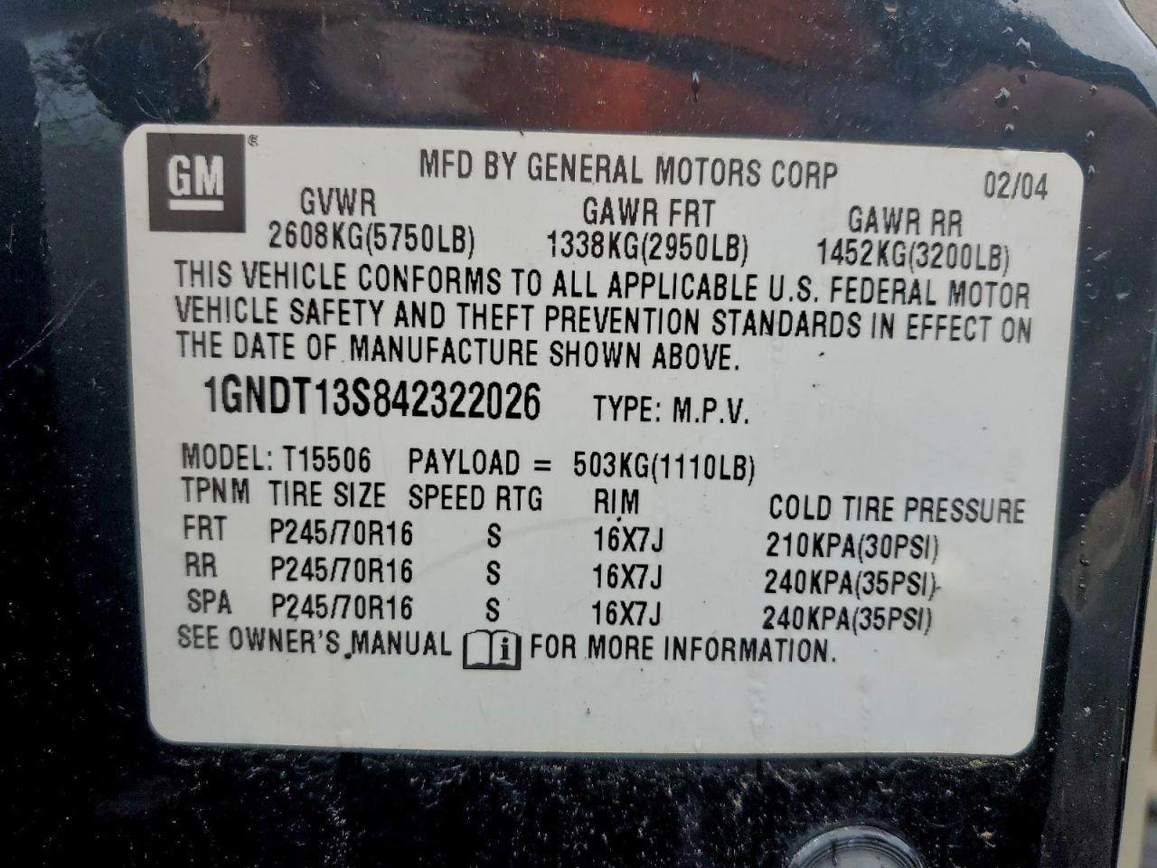 2004 Chevrolet Trailblazer Ls VIN: 1GNDT13S842322026 Lot: 94587665