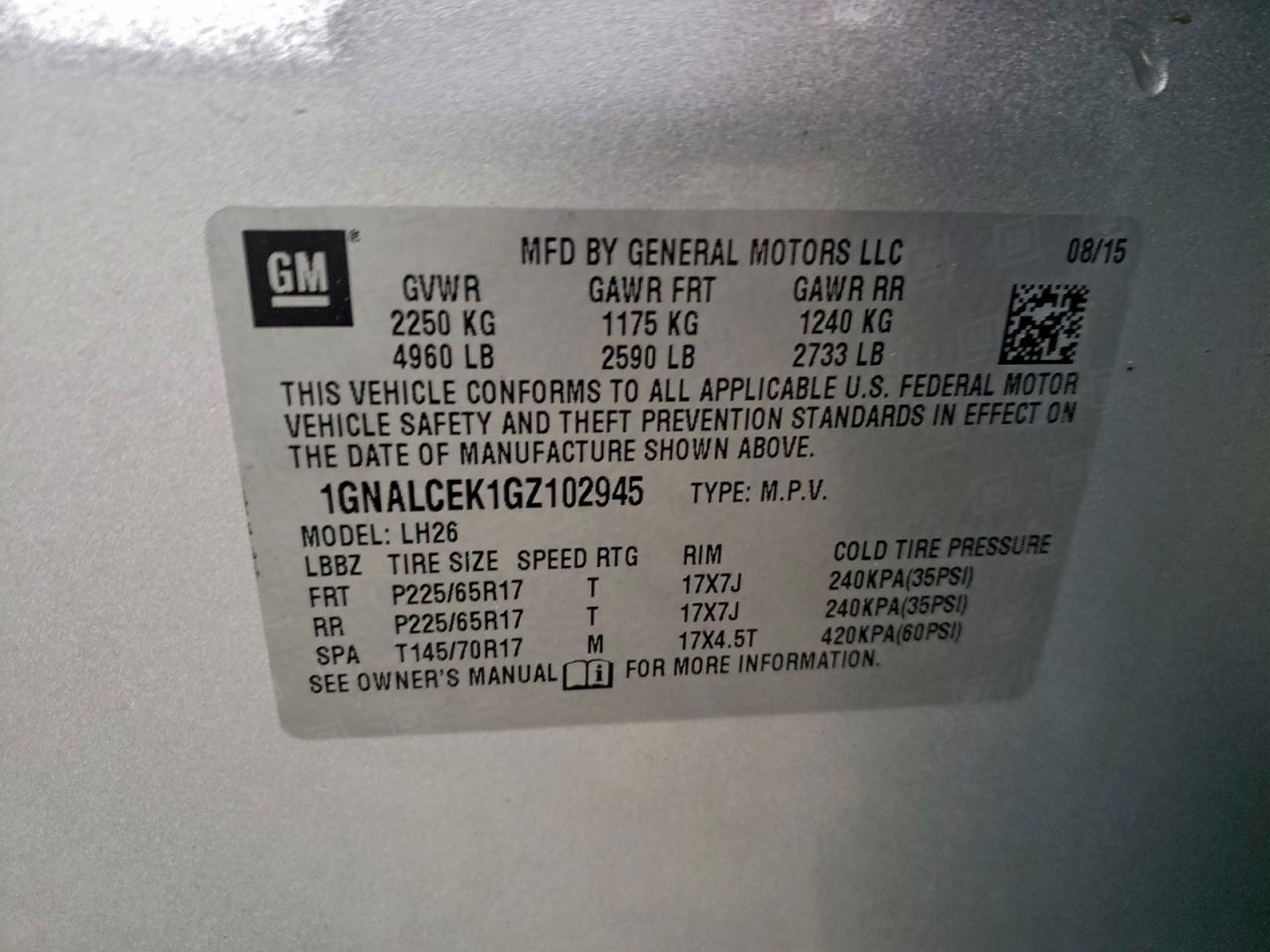 2016 Chevrolet Equinox Lt VIN: 1GNALCEK1GZ102945 Lot: 94061015