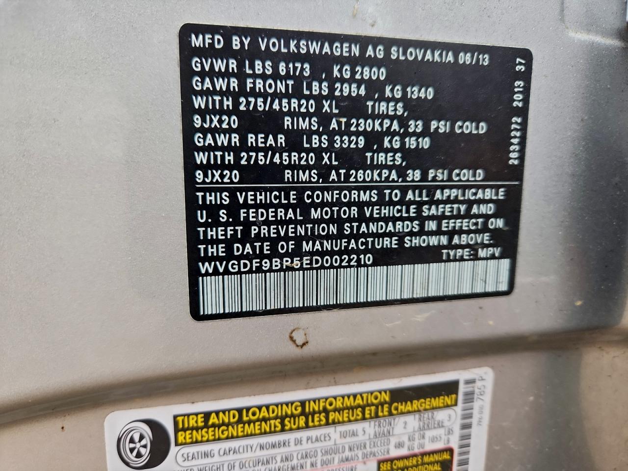 2014 Volkswagen Touareg V6 VIN: WVGDF9BP5ED002210 Lot: 93472365