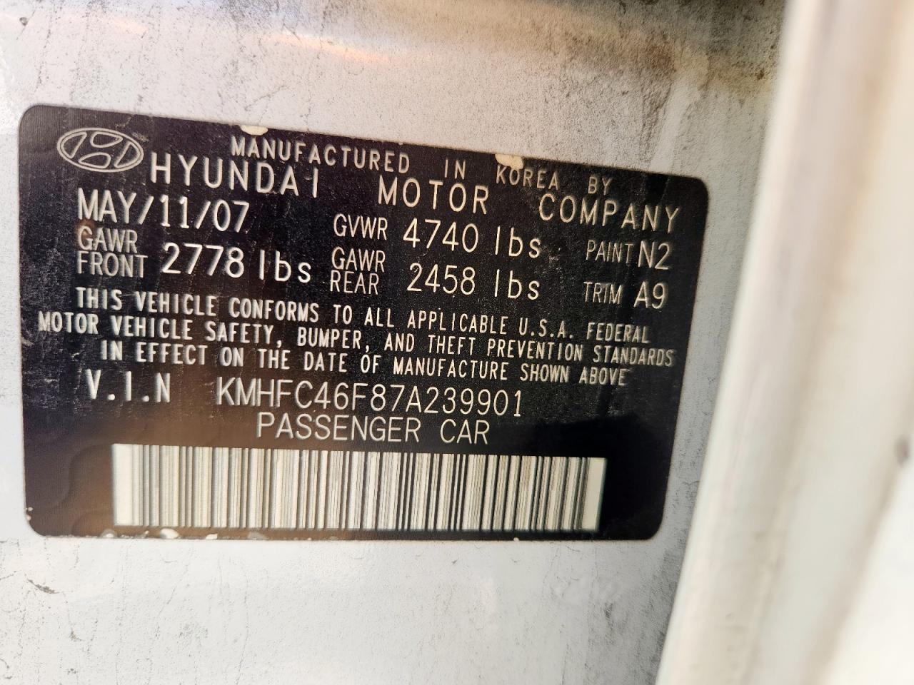 2007 Hyundai Azera Se VIN: KMHFC46F87A239901 Lot: 93035445