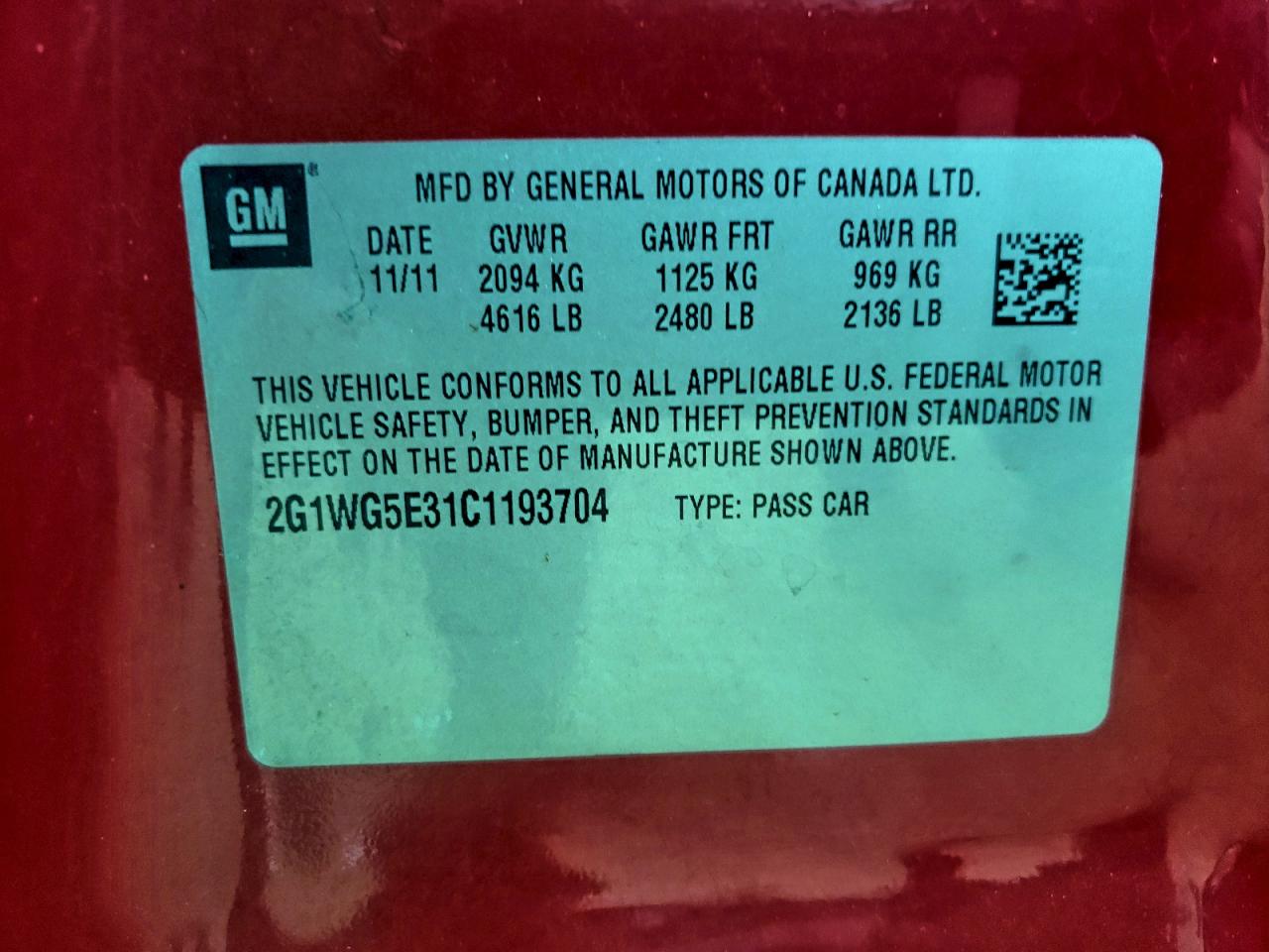 2012 Chevrolet Impala Lt VIN: 2G1WG5E31C1193704 Lot: 92859355