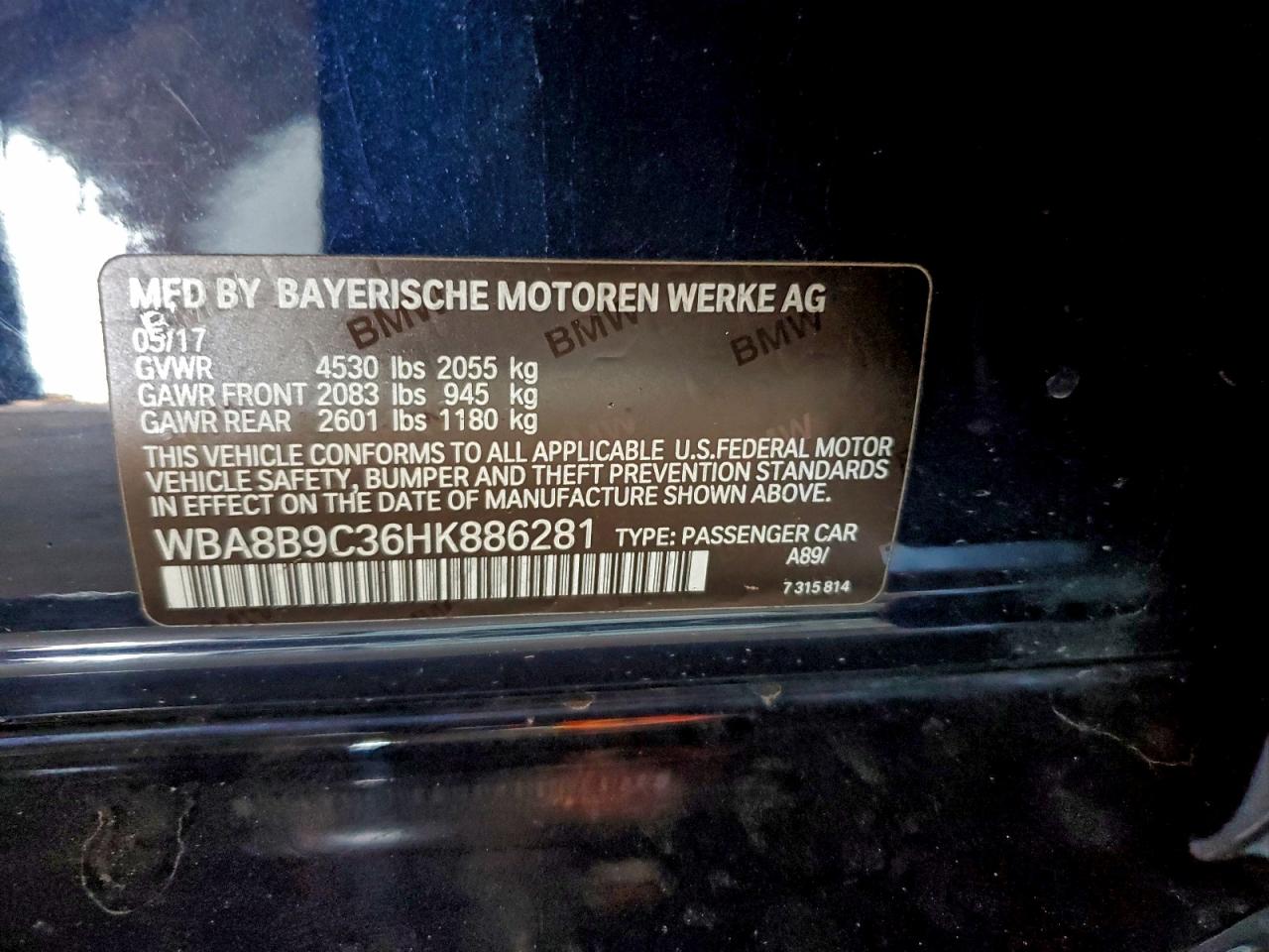 2017 BMW 330 I VIN: WBA8B9C36HK886281 Lot: 93961895