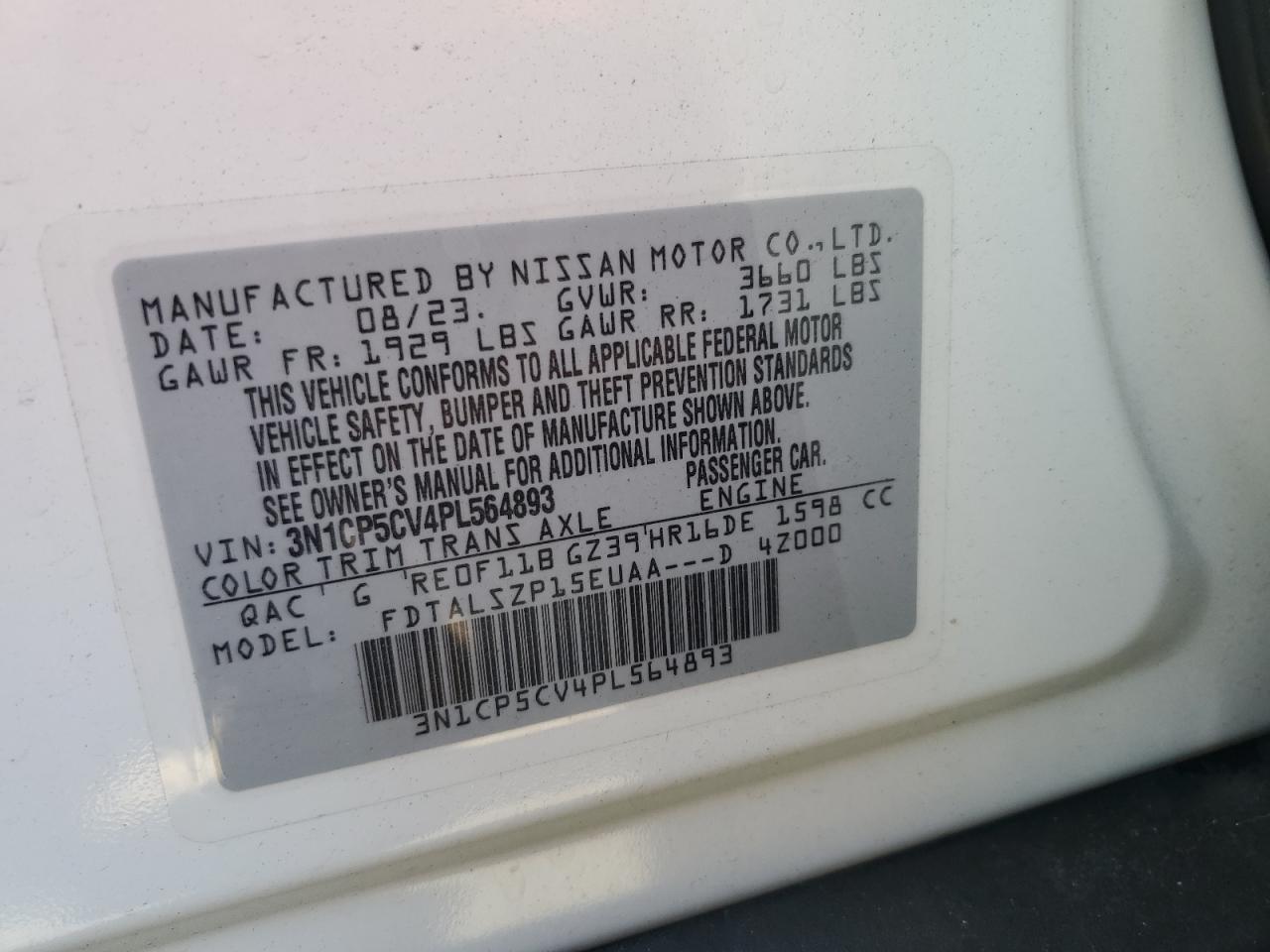 2023 Nissan Kicks Sv VIN: 3N1CP5CV4PL564893 Lot: 92270315