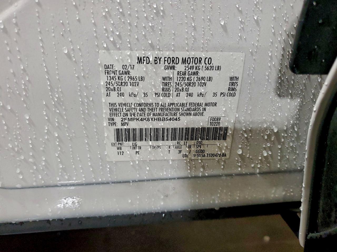 2017 Ford Edge Titanium VIN: 2FMPK4K8XHBB54045 Lot: 94324485