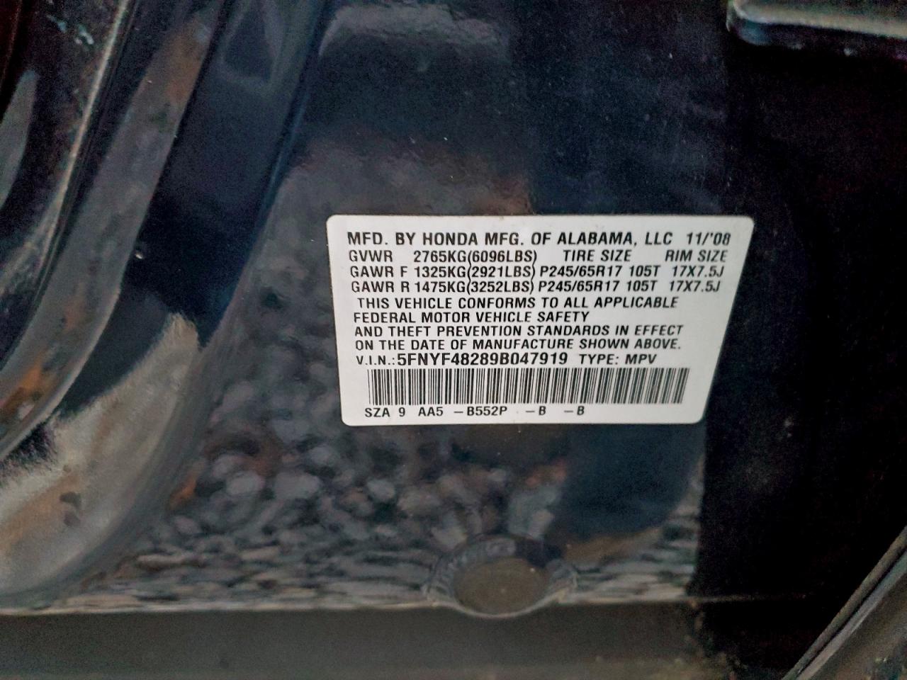 2009 Honda Pilot Lx VIN: 5FNYF48289B047919 Lot: 94253685