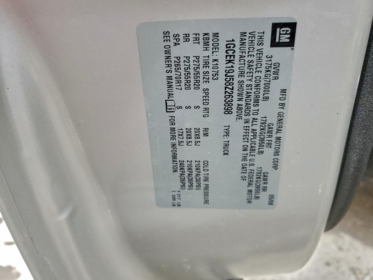 2008 Chevrolet Silverado K1500 VIN: 1GCEK19J58Z263898 Lot: 94454945