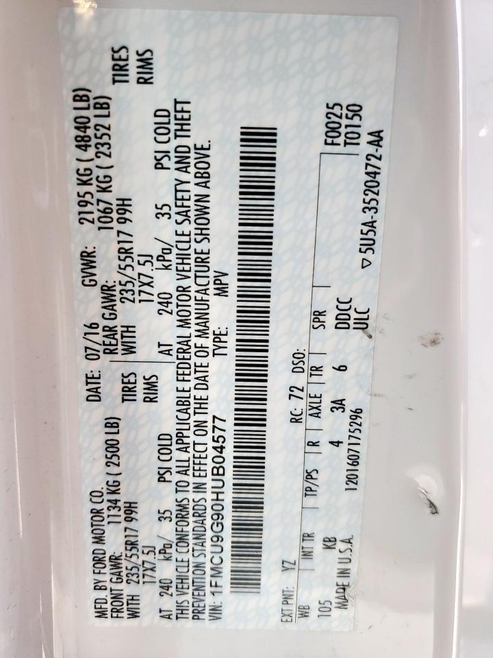 2017 Ford Escape Se VIN: 1FMCU9G90HUB04577 Lot: 92796725